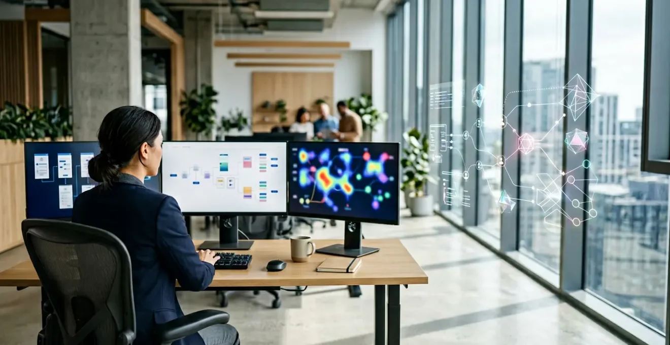 Expert analysant des données UX sur plusieurs écrans montrant des parcours utilisateurs et des points de friction