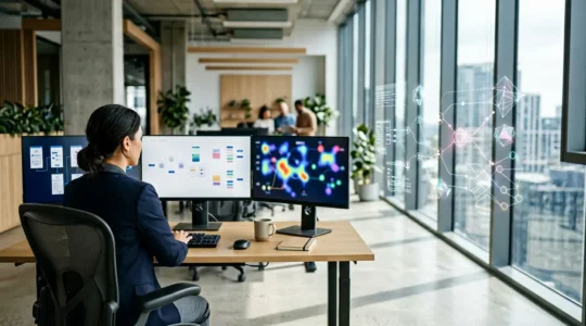 Expert analysant des données UX sur plusieurs écrans montrant des parcours utilisateurs et des points de friction