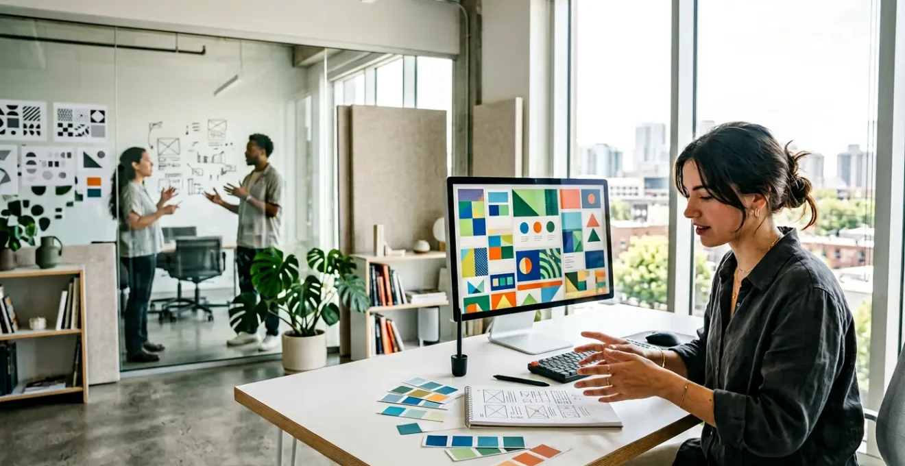 Concepteur créant une bannière web sur écran avec éléments de design et métriques