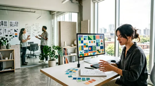 Concepteur créant une bannière web sur écran avec éléments de design et métriques