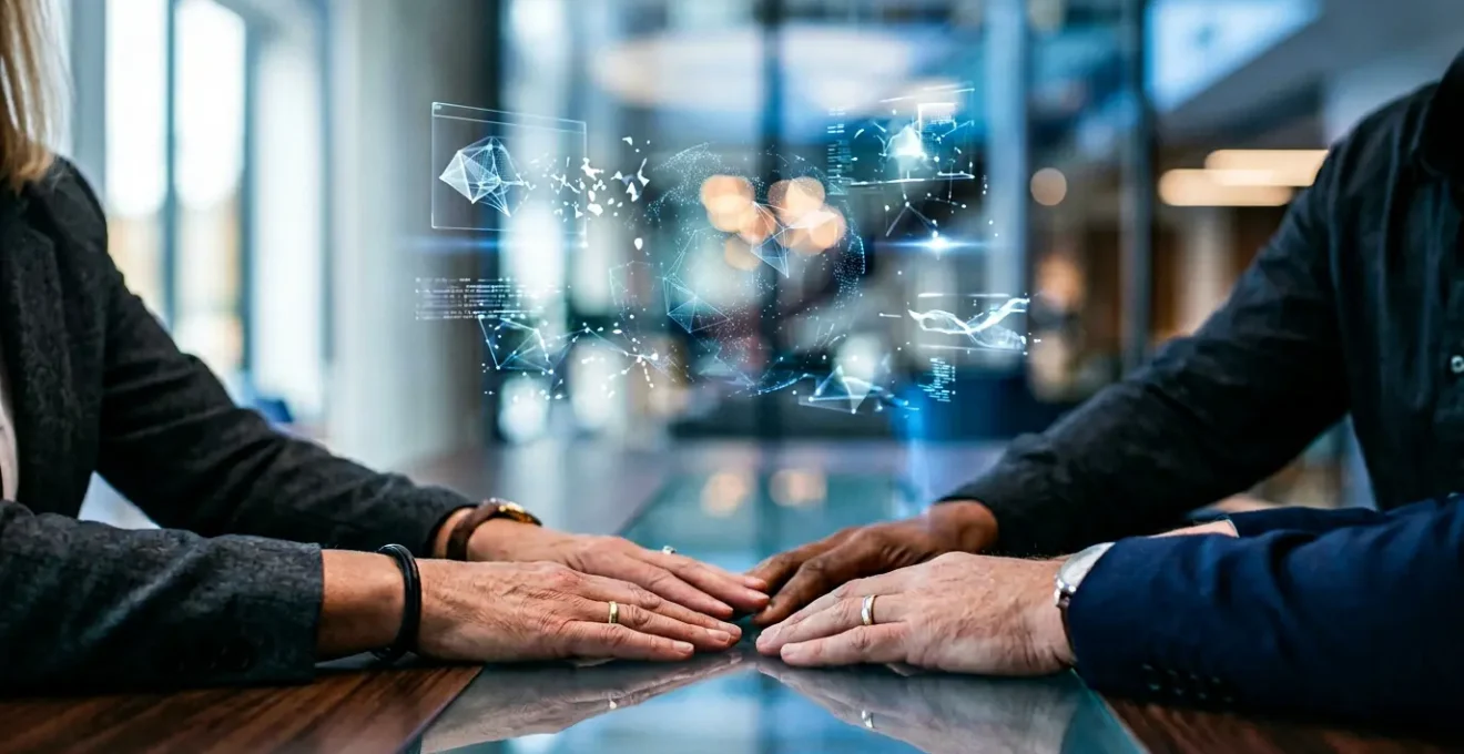 Mains d'investisseurs échangeant autour d'une table avec éléments technologiques bleus en arrière-plan