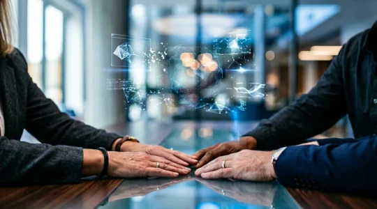 Mains d'investisseurs échangeant autour d'une table avec éléments technologiques bleus en arrière-plan