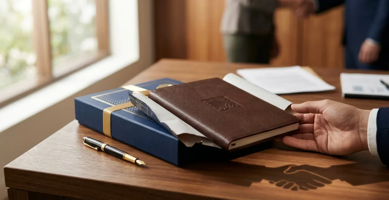 Coffret cadeau d'affaires haut de gamme personnalisé posé sur un bureau en bois avec documents contractuels