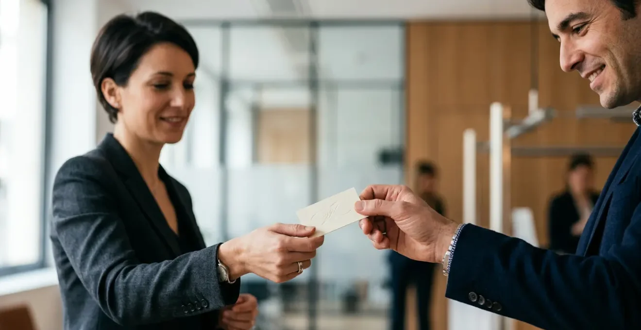 Échange professionnel de cartes de visite lors d'une rencontre d'affaires en France