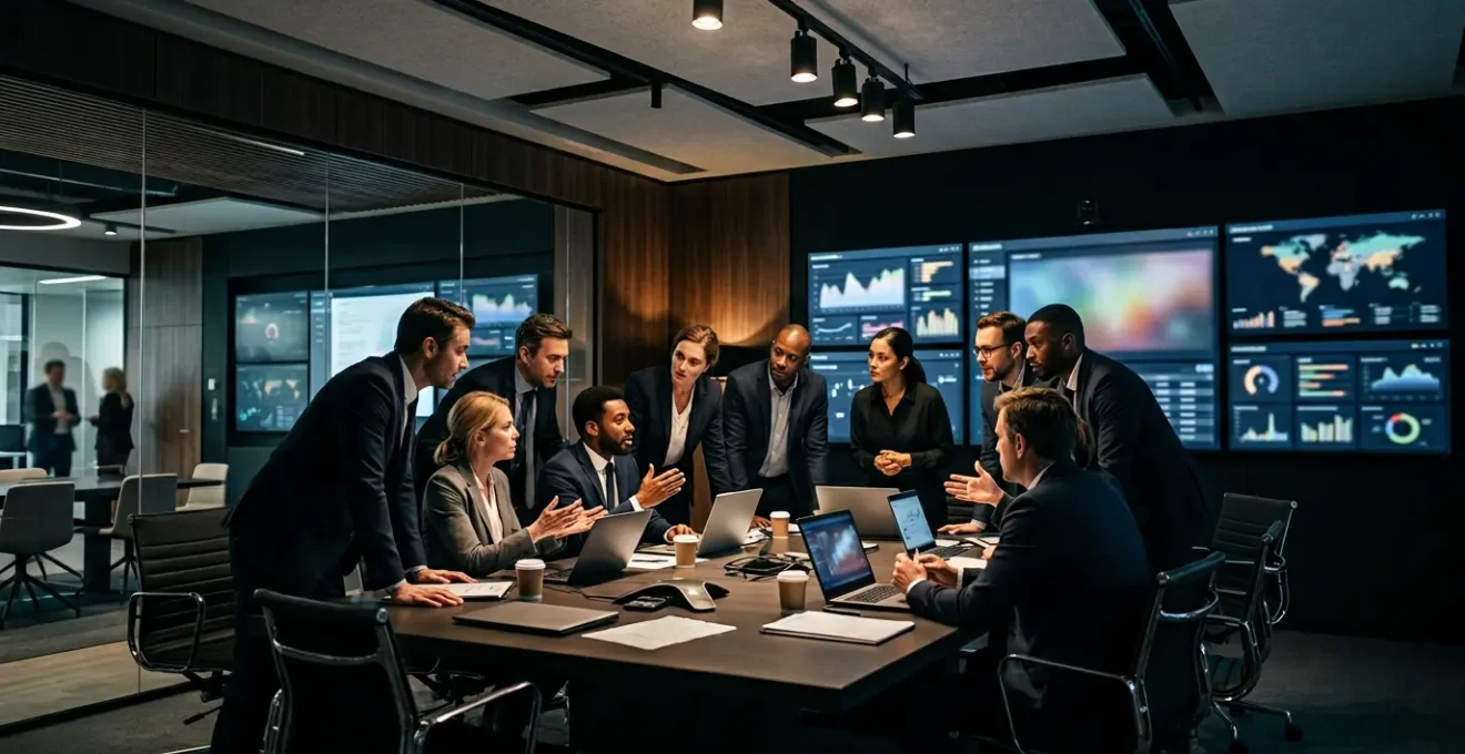 Salle de gestion de crise avec équipe en action, écrans multiples et atmosphère d'urgence contrôlée