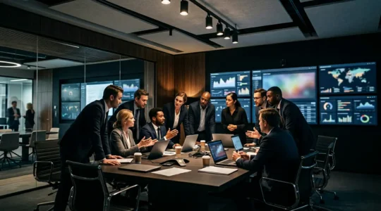 Salle de gestion de crise avec équipe en action, écrans multiples et atmosphère d'urgence contrôlée