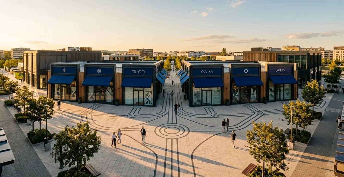 Vue aérienne d'un réseau de boutiques franchisées harmonisées par une identité visuelle commune