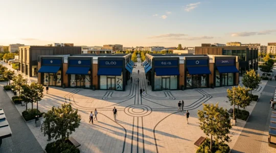 Vue aérienne d'un réseau de boutiques franchisées harmonisées par une identité visuelle commune