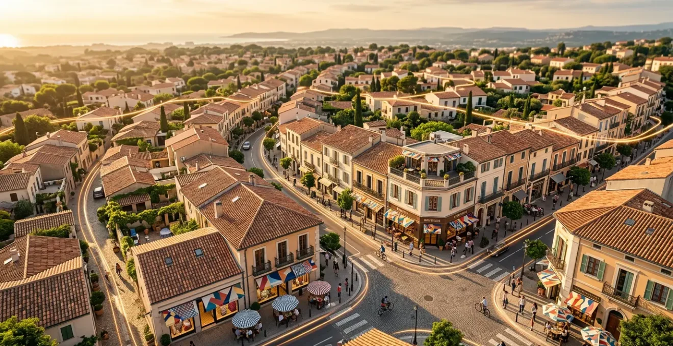 Vue aérienne d'un quartier commercial animé montrant l'interconnexion digitale entre les commerces et les clients