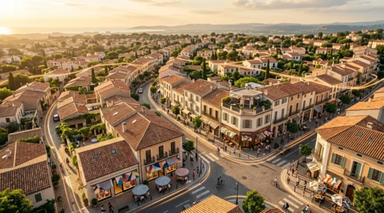 Vue aérienne d'un quartier commercial animé montrant l'interconnexion digitale entre les commerces et les clients