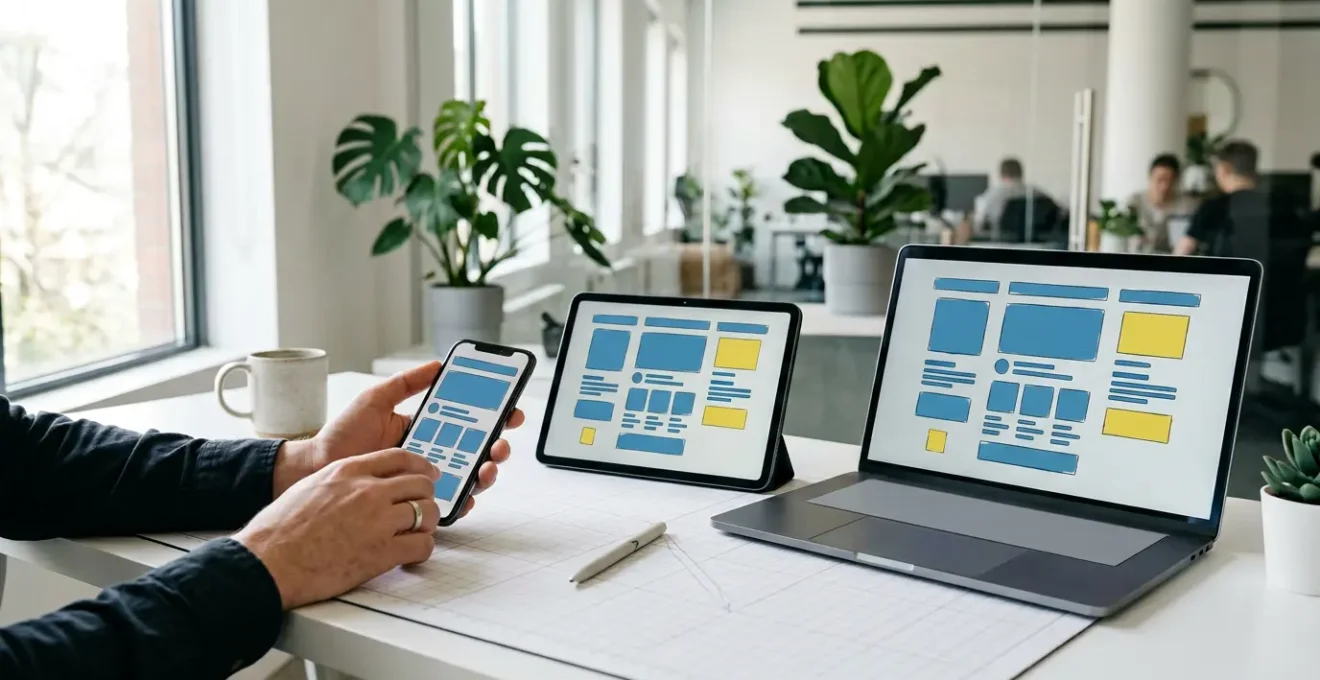 Interface mobile en cours de conception avec zones tactiles et navigation optimisée pour smartphone