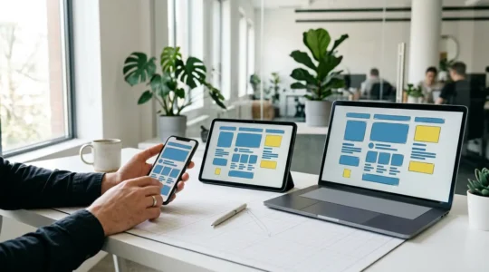 Interface mobile en cours de conception avec zones tactiles et navigation optimisée pour smartphone