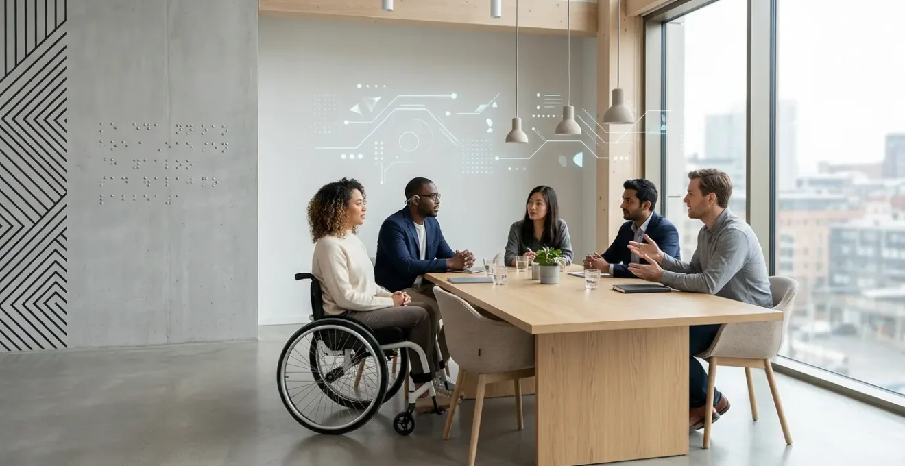 Équipe diverse dans un espace de travail moderne avec interfaces numériques accessibles et symboles de conformité légale