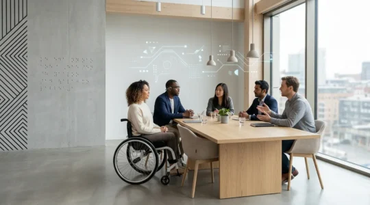 Équipe diverse dans un espace de travail moderne avec interfaces numériques accessibles et symboles de conformité légale