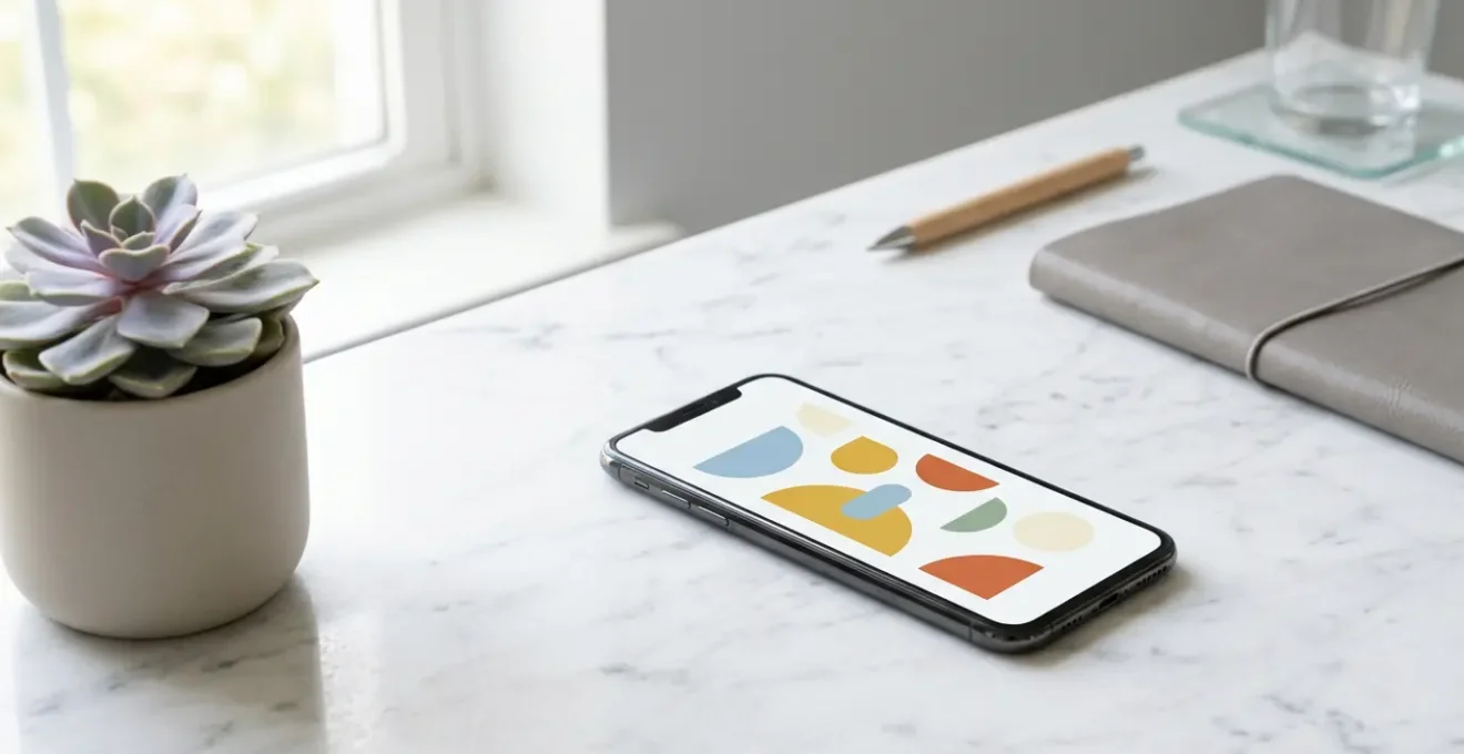Écran de smartphone montrant un design épuré avec beaucoup d'espace blanc et un bouton d'action clair au centre
