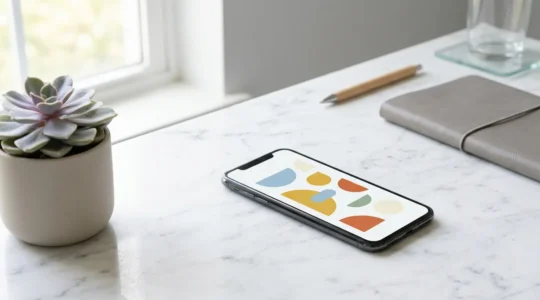 Écran de smartphone montrant un design épuré avec beaucoup d'espace blanc et un bouton d'action clair au centre
