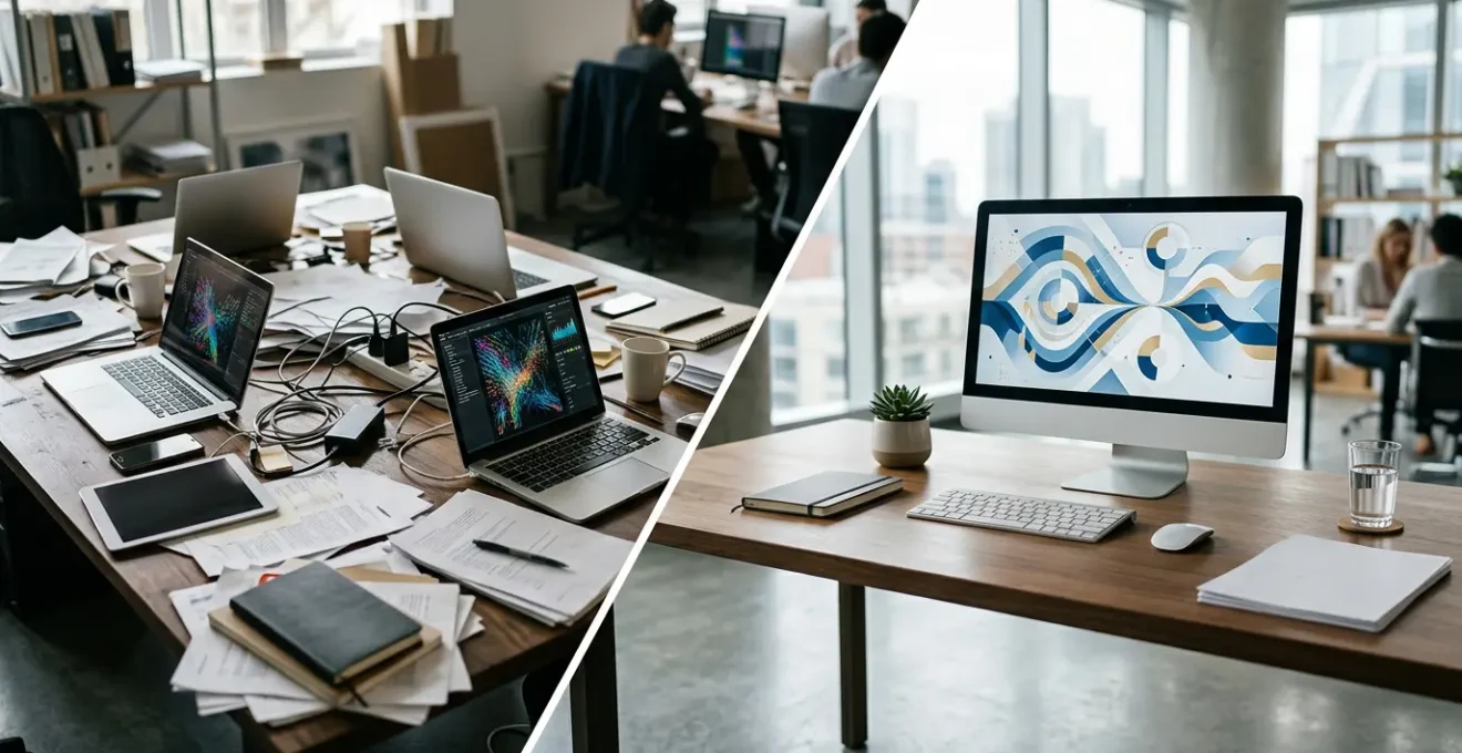 Professionnel analysant des données fragmentées entre plusieurs écrans et documents dans un environnement de bureau moderne