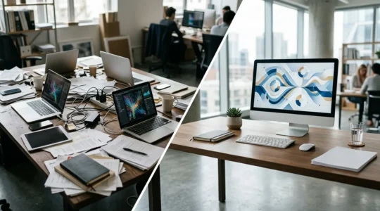 Professionnel analysant des données fragmentées entre plusieurs écrans et documents dans un environnement de bureau moderne