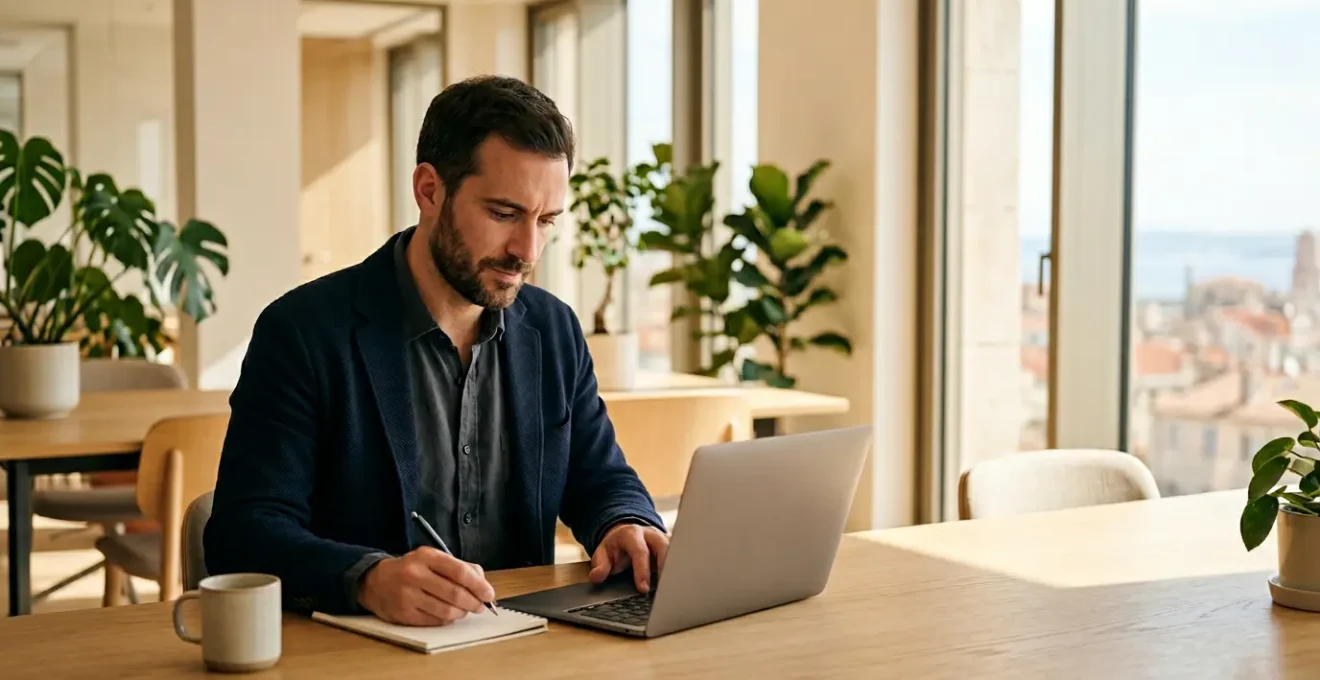 Entrepreneur français travaillant sereinement sur son interface PrestaShop dans un bureau moderne