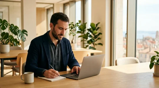 Entrepreneur français travaillant sereinement sur son interface PrestaShop dans un bureau moderne