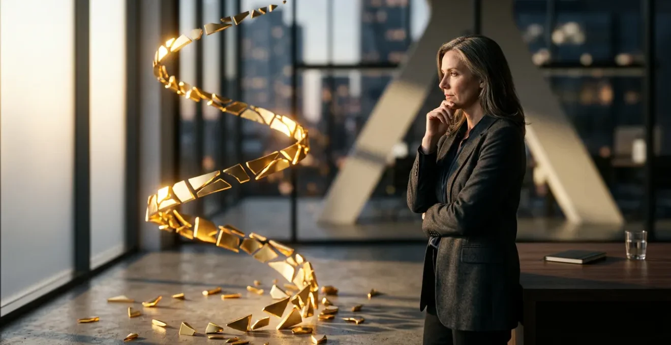 Entrepreneur contemplant des fragments dorés reconstruits symbolisant la transformation de l'échec en force