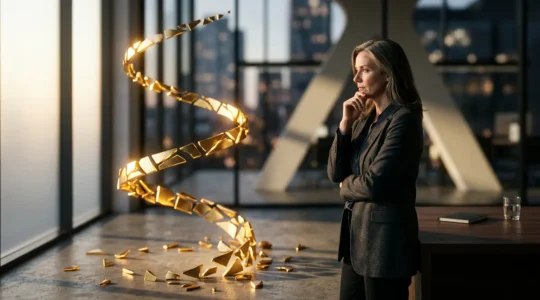 Entrepreneur contemplant des fragments dorés reconstruits symbolisant la transformation de l'échec en force