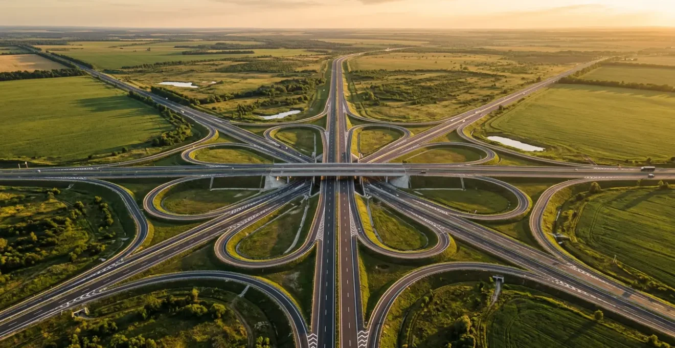 Vue aérienne d'un carrefour routier moderne avec multiples voies et échangeurs représentant la diversification des canaux marketing