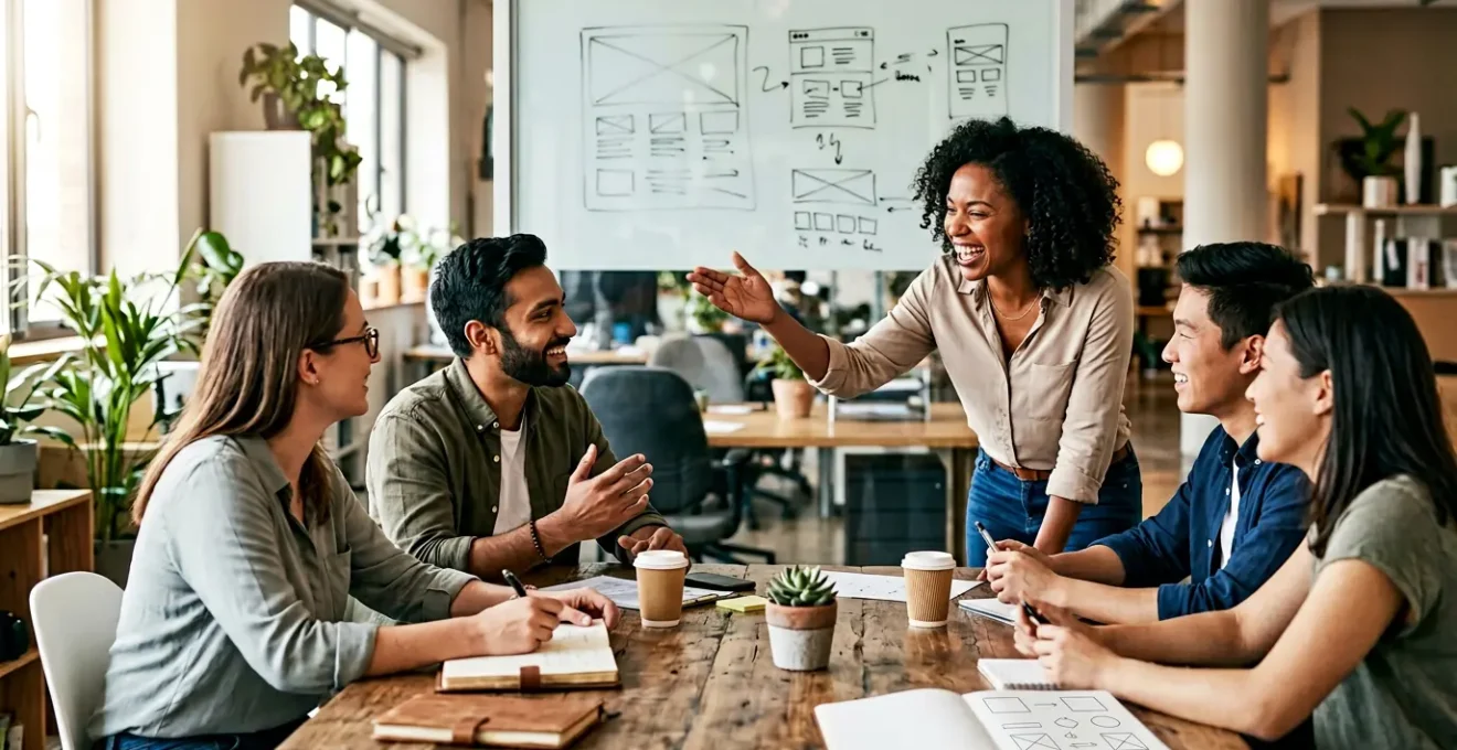 Équipe d'une agence web en pleine discussion créative autour d'un projet digital