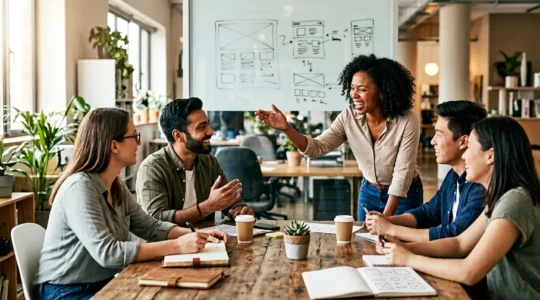 Équipe d'une agence web en pleine discussion créative autour d'un projet digital