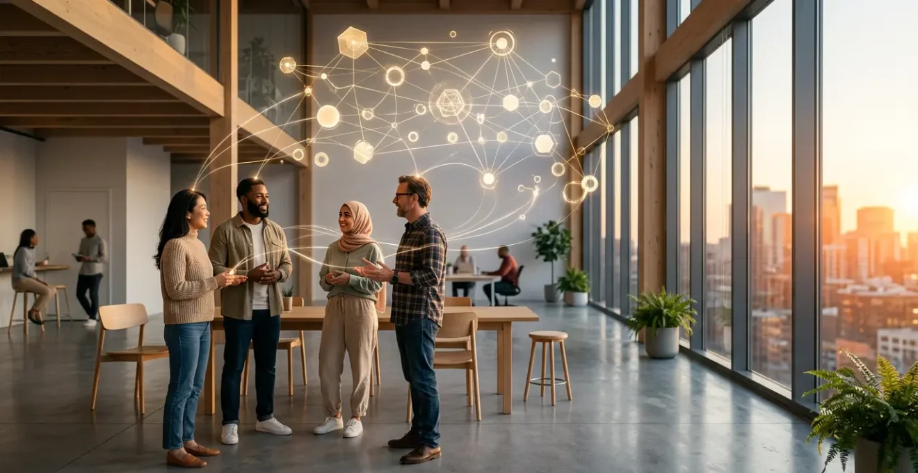 Communauté digitale engagée dans un espace virtuel collaboratif représentant la portée organique Facebook