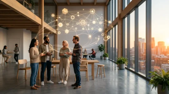 Communauté digitale engagée dans un espace virtuel collaboratif représentant la portée organique Facebook