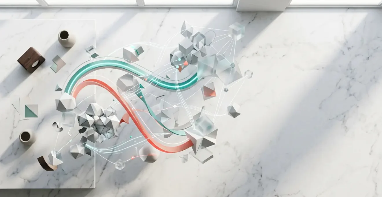 Composition visuelle montrant la création et la diffusion d'une infographie avec des éléments graphiques abstraits