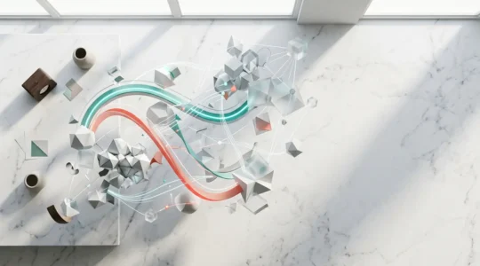 Composition visuelle montrant la création et la diffusion d'une infographie avec des éléments graphiques abstraits