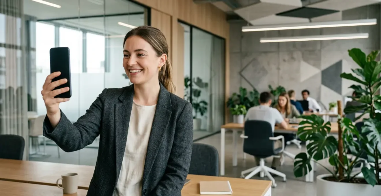 Jeune professionnel créant du contenu sur son smartphone dans un espace de travail moderne et lumineux