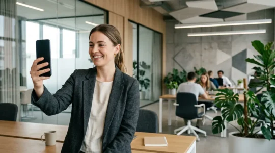 Jeune professionnel créant du contenu sur son smartphone dans un espace de travail moderne et lumineux