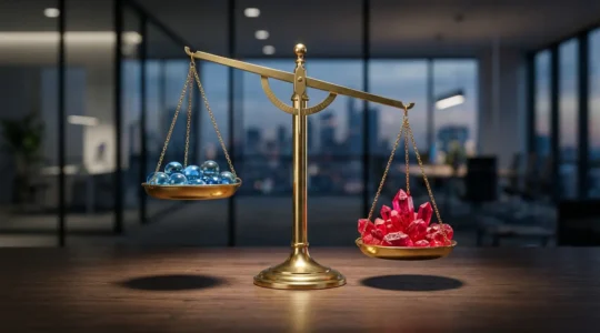 Balance métaphorique montrant l'équilibre entre leads chauds SQL et curieux MQL dans un contexte commercial