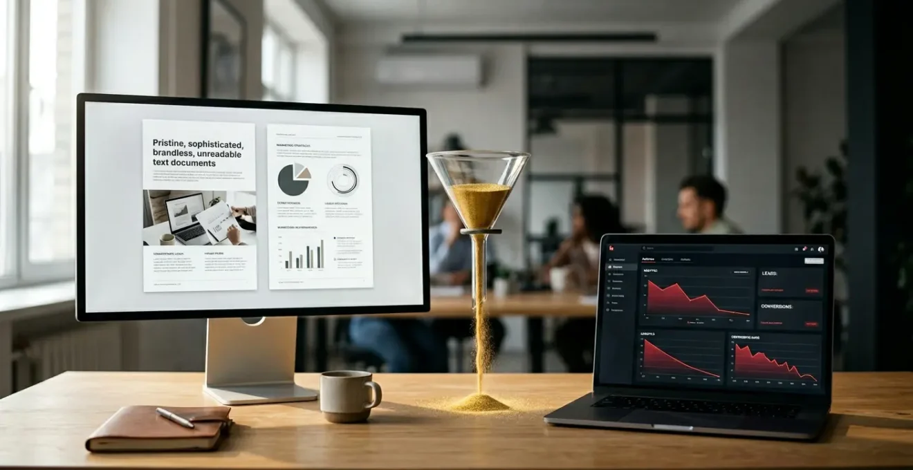 Bureau moderne avec livre blanc élégant sur un écran mais graphiques de conversion descendants