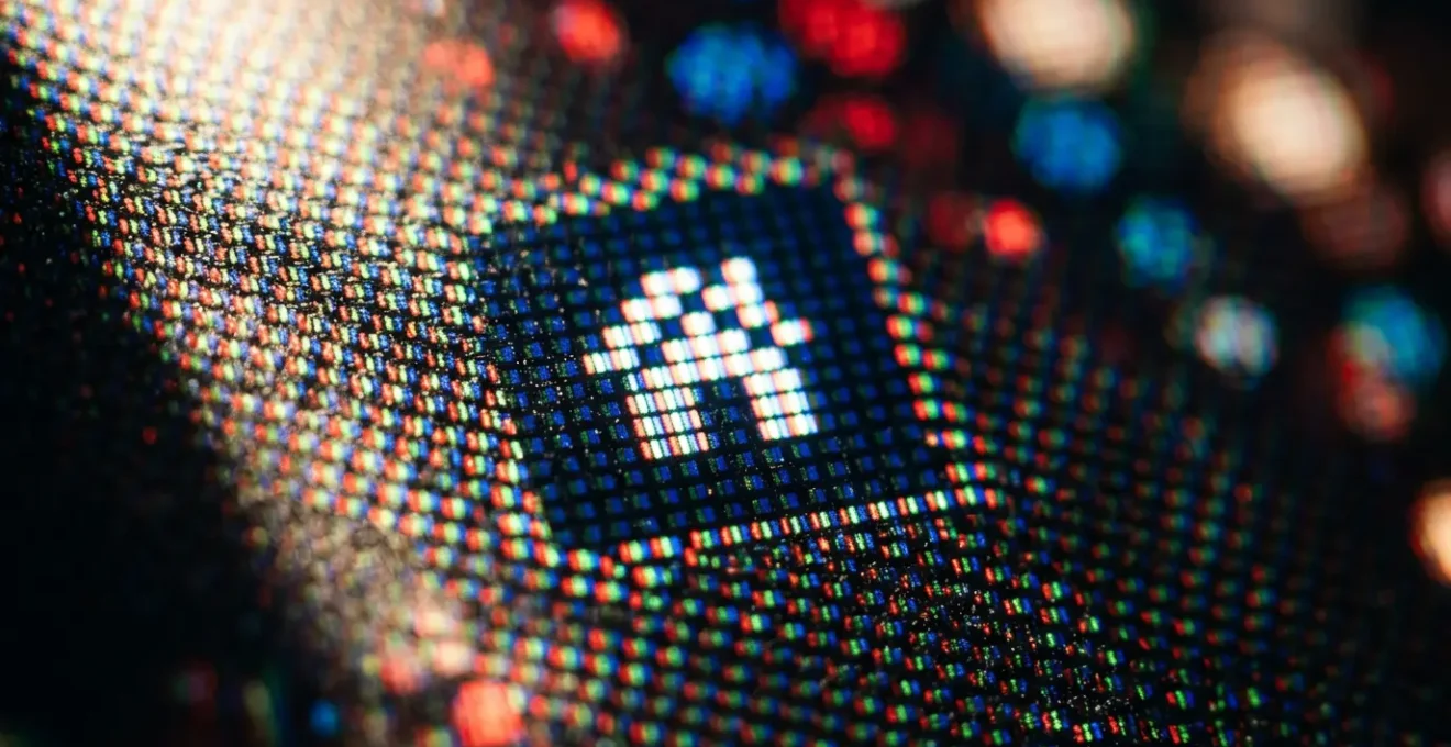 Vue macro extrême d'un écran montrant un favicon de 16x16 pixels avec des détails de pixels visibles et une profondeur de champ très faible