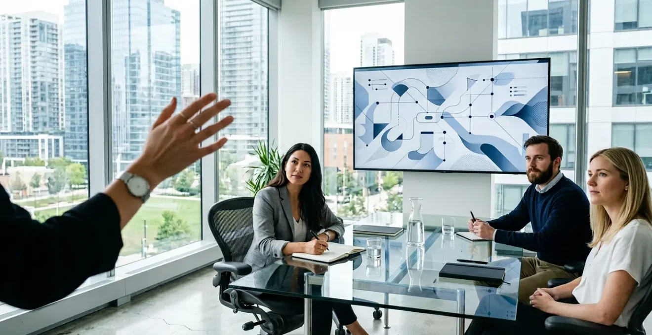 Designer présentant un prototype interactif sur grand écran dans un espace de travail moderne et épuré