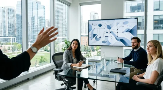Designer présentant un prototype interactif sur grand écran dans un espace de travail moderne et épuré