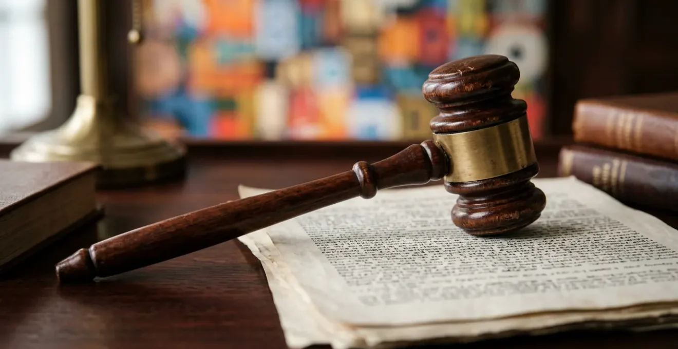 Marteau de justice sur un bureau avec documents contractuels et typographies floues en arrière-plan