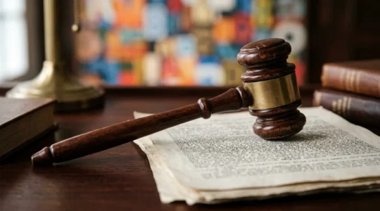 Marteau de justice sur un bureau avec documents contractuels et typographies floues en arrière-plan