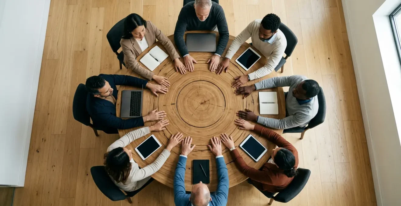 Un groupe de personnes diverses travaillant ensemble autour d'une table ronde en bois massif, éclairage naturel par une grande fenêtre, vue aérienne montrant la synergie d'équipe