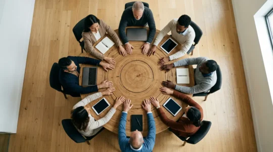 Un groupe de personnes diverses travaillant ensemble autour d'une table ronde en bois massif, éclairage naturel par une grande fenêtre, vue aérienne montrant la synergie d'équipe