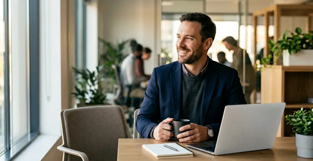 Professionnel en costume devant un ordinateur montrant un écran LinkedIn avec des graphiques de performance et des connexions réseau