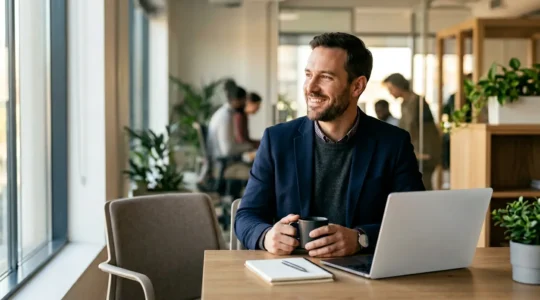 Professionnel en costume devant un ordinateur montrant un écran LinkedIn avec des graphiques de performance et des connexions réseau