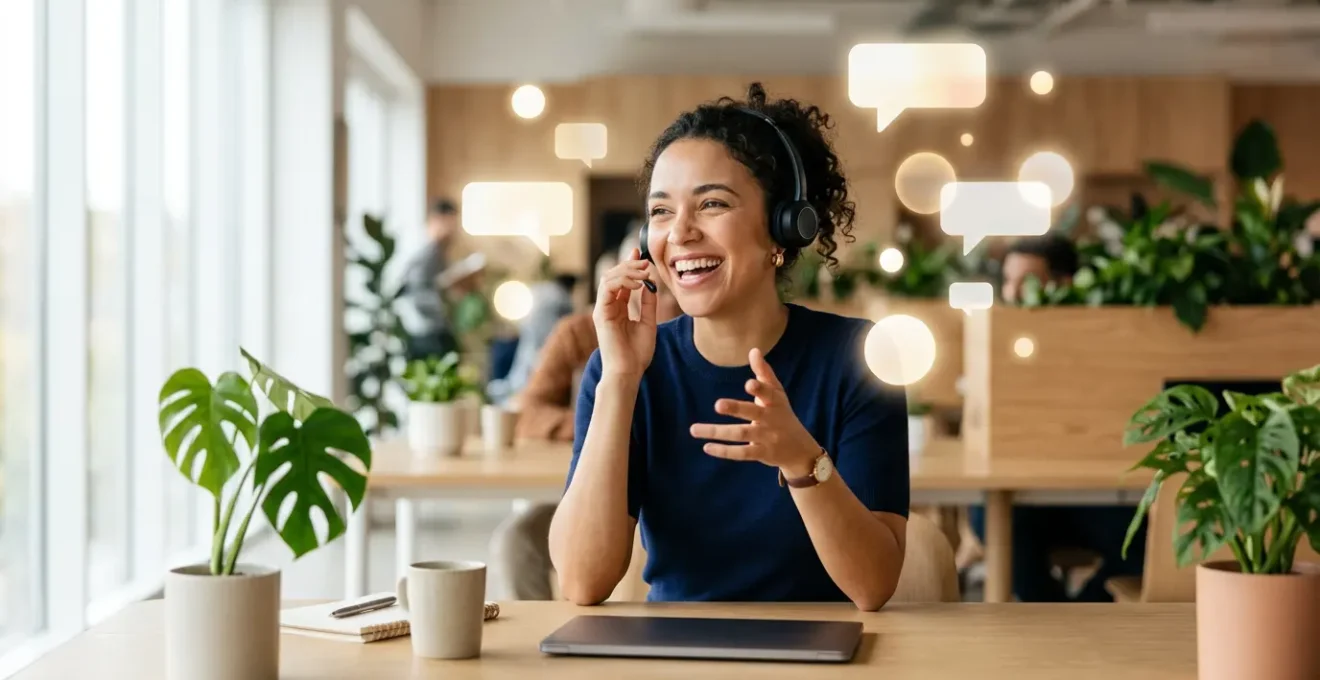 Service client moderne interagissant avec les réseaux sociaux dans un environnement de travail contemporain