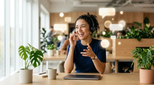 Service client moderne interagissant avec les réseaux sociaux dans un environnement de travail contemporain