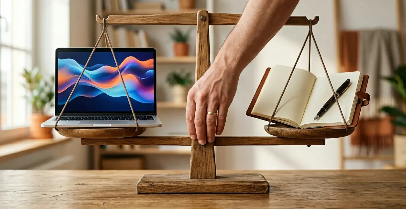 Un rédacteur en équilibre entre l'écran d'ordinateur et un livre ouvert, symbolisant l'harmonie entre SEO et expérience humaine