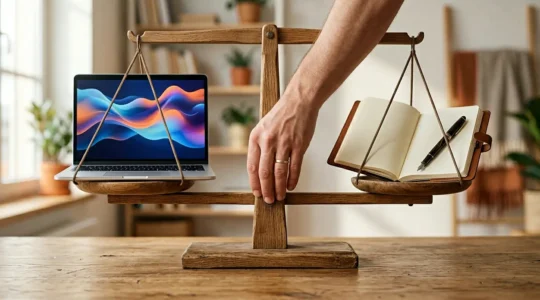 Un rédacteur en équilibre entre l'écran d'ordinateur et un livre ouvert, symbolisant l'harmonie entre SEO et expérience humaine